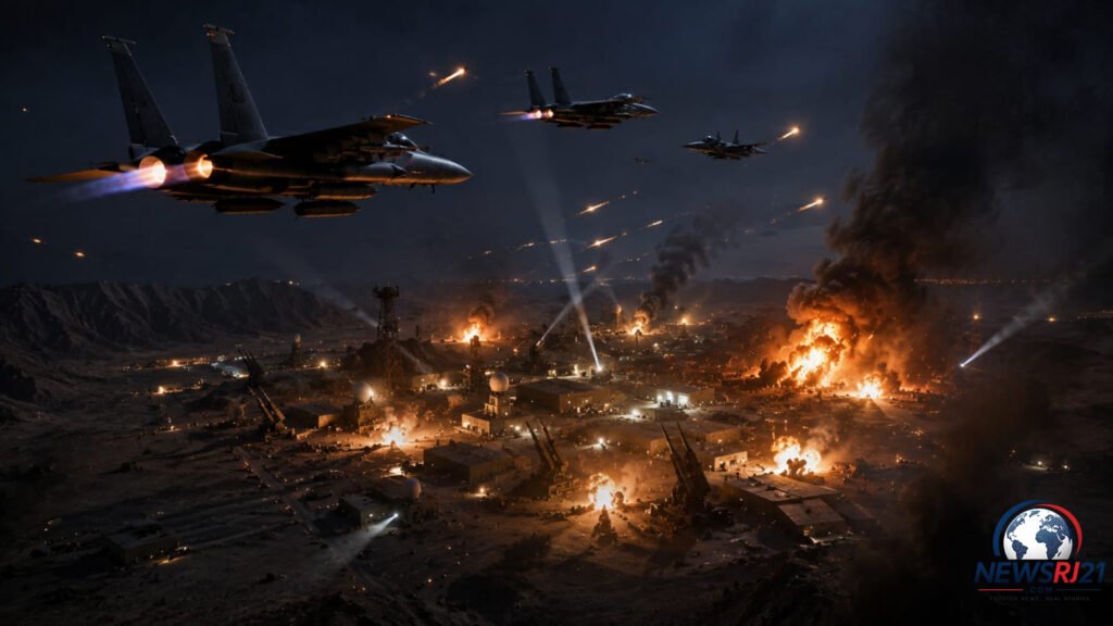 US fighter jets conduct precision airstrikes on Iranian military facilities during a nighttime operation.