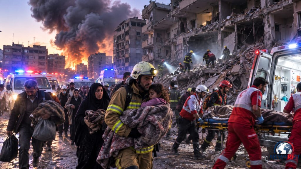 Emergency responders evacuate civilians after reported overnight airstrikes damaged residential buildings in Iran.