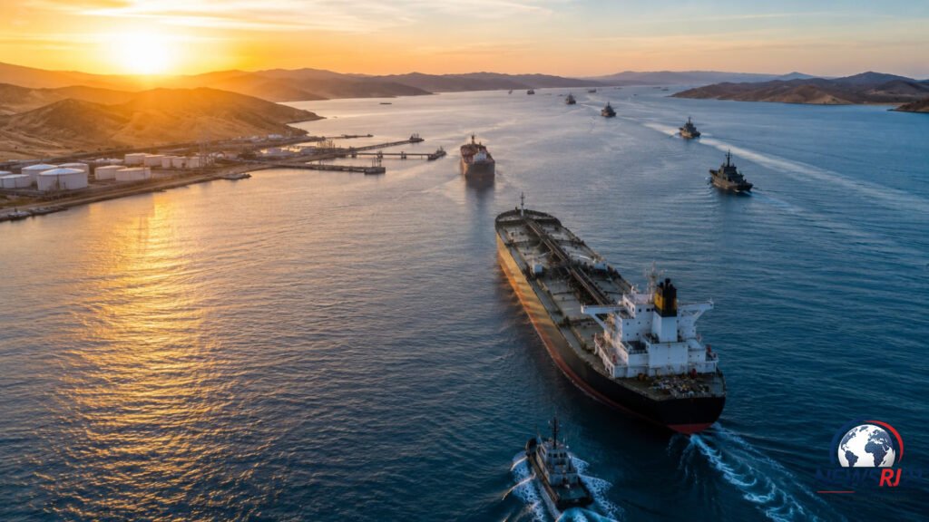 Large oil tankers sail through the Strait of Hormuz as naval patrol vessels monitor the strategic shipping route.