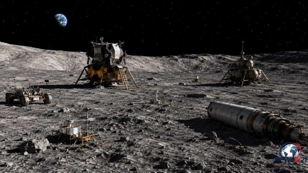 Human-made objects on the Moon including Apollo lunar module, rover, Soviet lander, and discarded rocket stage