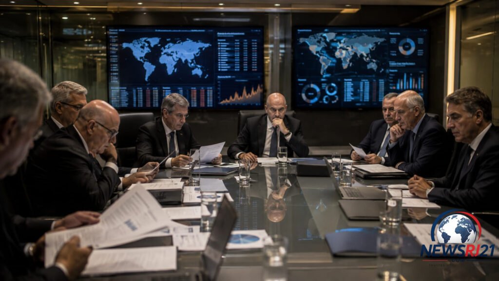 Football executives reviewing governance documents during a confidential FIFA boardroom meeting